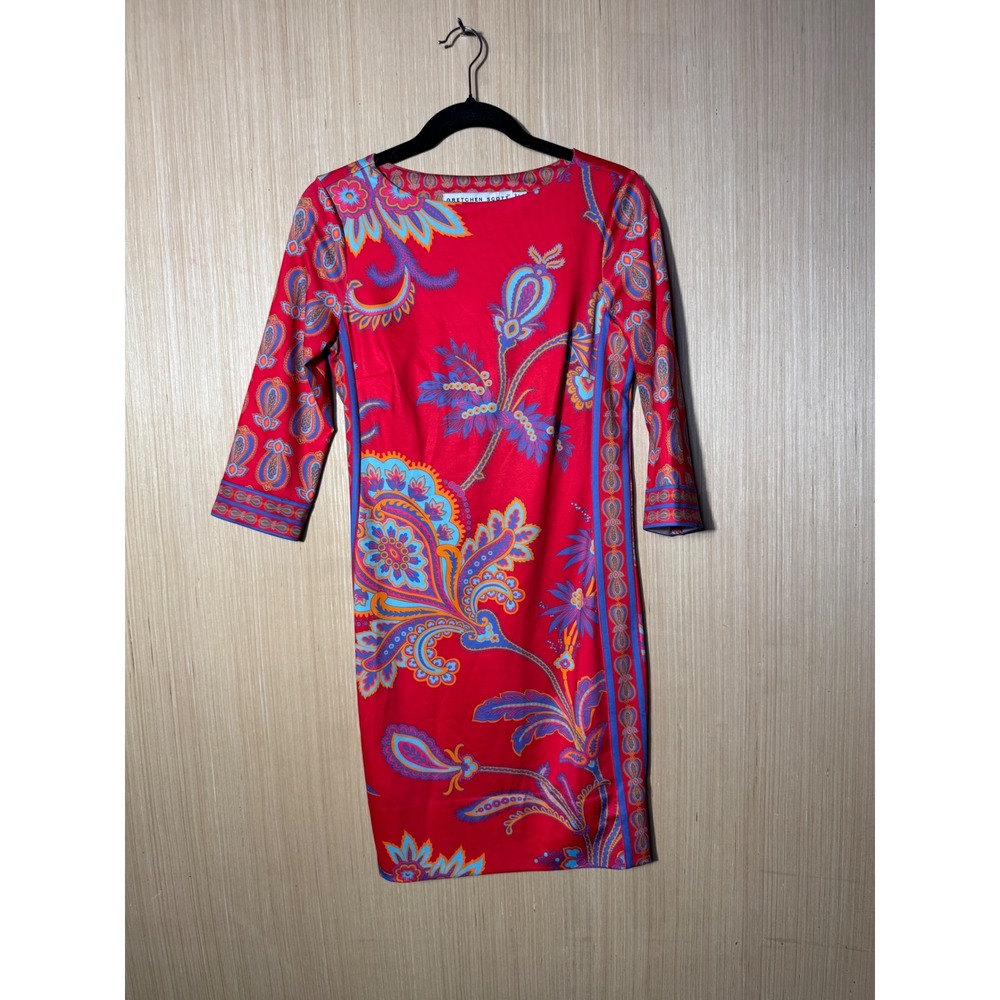Gretchen Scott Red Paisley Floral 3/4 Sleeve Sheath Dress Womens Size Small